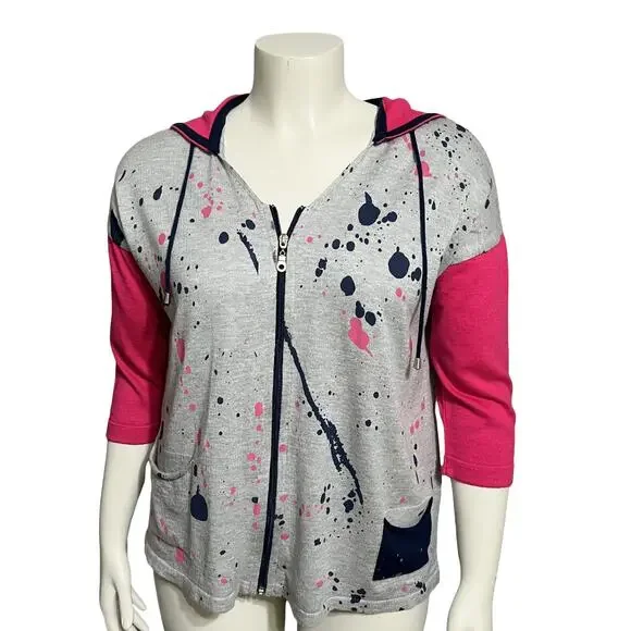 SOLD❌❌❌ Angel Gray Paint Splatter With Pink Sleeve Zip Up Cardigan Sz-Medium - Picture 1 of 9